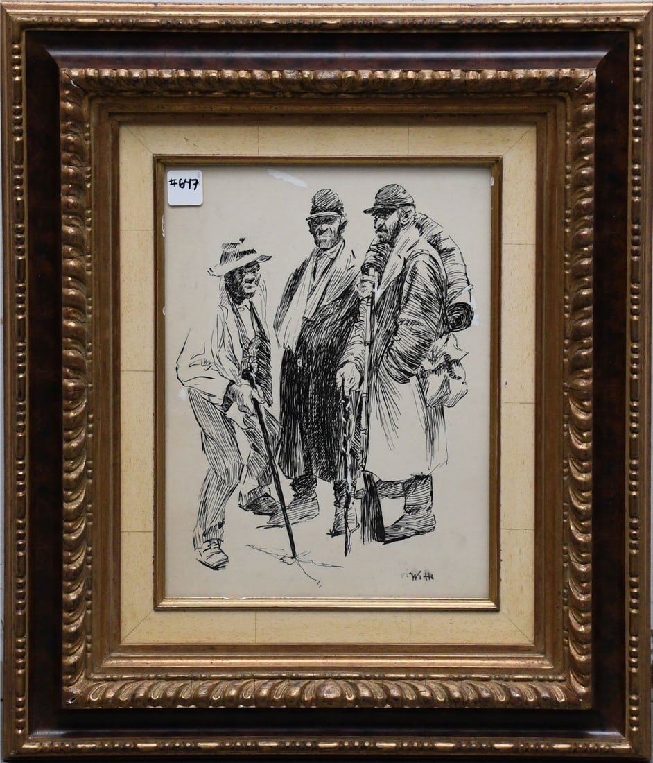 19th Century Pen & Ink Drawing on paper, 3 Travelers, 13 x 9-1/2 inches. Initialed lower margin W.H. (1 of 4)