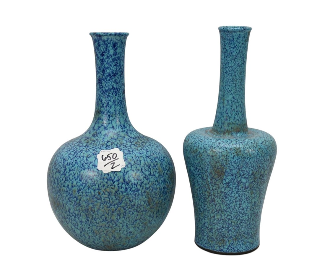 2 Chinese Porcelain Bottle Neck Vases, Robin's Egg Glaze, Mottled Turquoise & Blue Lujun Style (1 of 6)