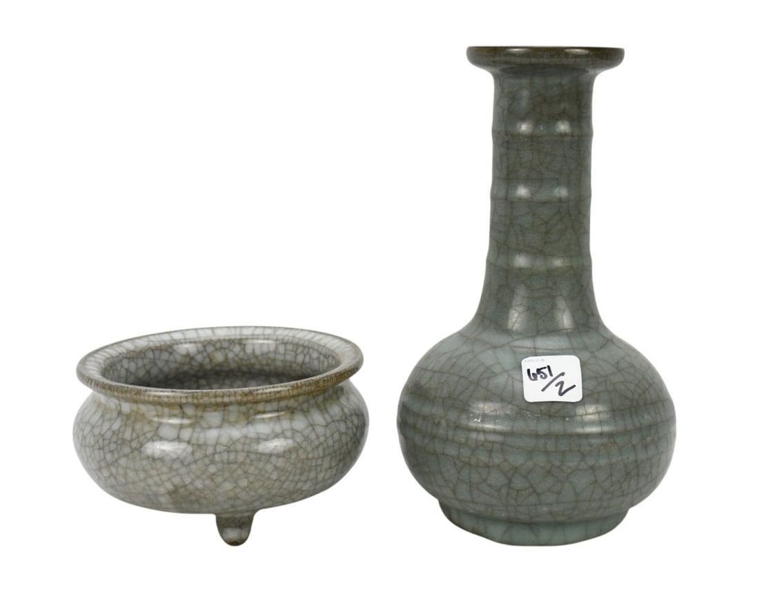 2 Chinese Porcelain Celadon Crackle-Glazed Pcs., Tripod Incense Burner And Bottle Neck Vase, Both In (1 of 9)
