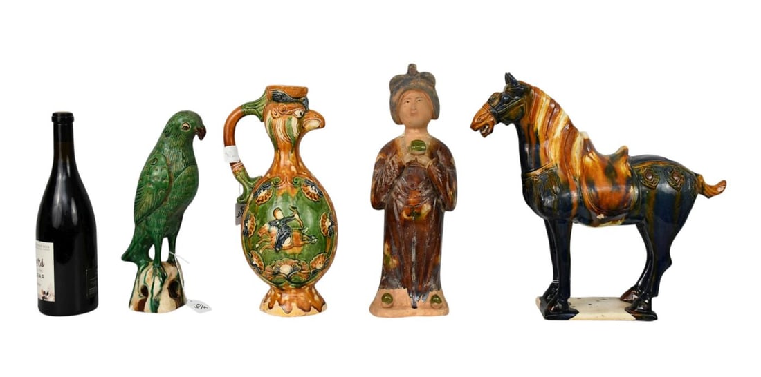 4 Chinese Pottery Pieces, Tang Style Figure of A Court Lady with Rich Brown & Amber Glaze, Sancai (1 of 7)