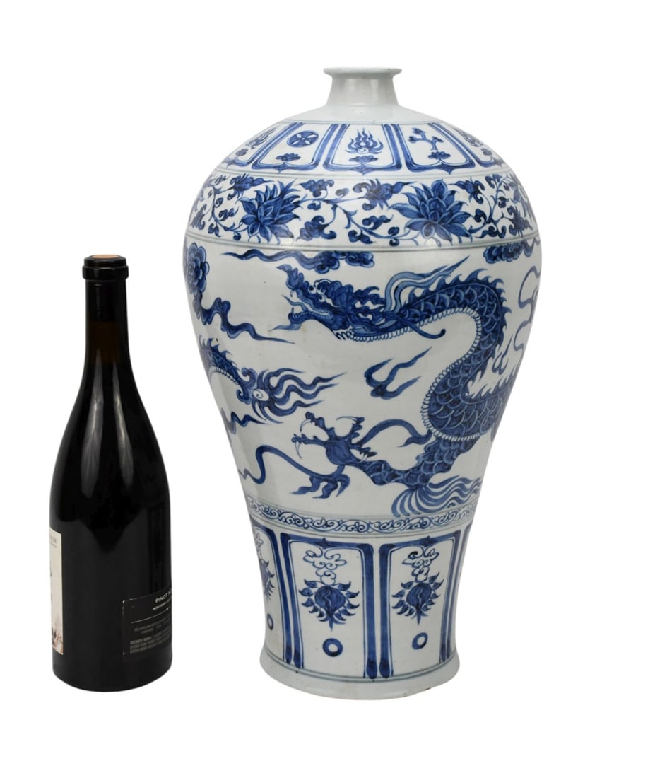 Chinese Porcelain Blue & White Meiping (Plum) Vase, Underglaze Cobalt Blue Scaly Dragon Amidst The: Chinese Porcelain Blue & White Meiping (Plum) Vase, Underglaze Cobalt Blue Scaly Dragon Amidst The Clouds & Stylized Lotus Petal Panels at Base, 17"h x 12"w
