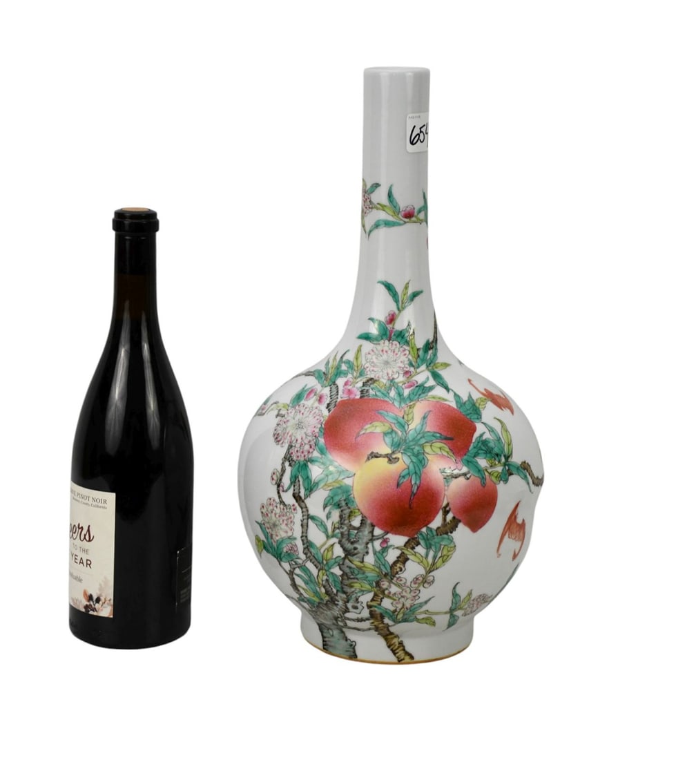 Chinese Porcelain Famille Rose Bottle Neck Vase, Featuring Hand Painted "Nine Peaches" & Bats Motif,: Chinese Porcelain Famille Rose Bottle Neck Vase, Featuring Hand Painted "Nine Peaches" & Bats Motif, 16"h x 9"w