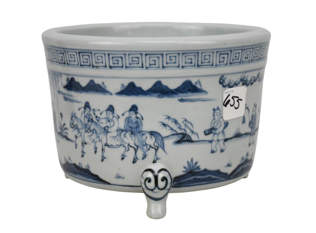 Chinese Blue & White Porcelain Tripod Censer, Featuring a Cylindrical Body, Three Scrolled Feet &: Chinese Blue & White Porcelain Tripod Censer, Featuring a Cylindrical Body, Three Scrolled Feet & Figural Landscape Decoration, 5 1/2"h x 7 3/4"dia