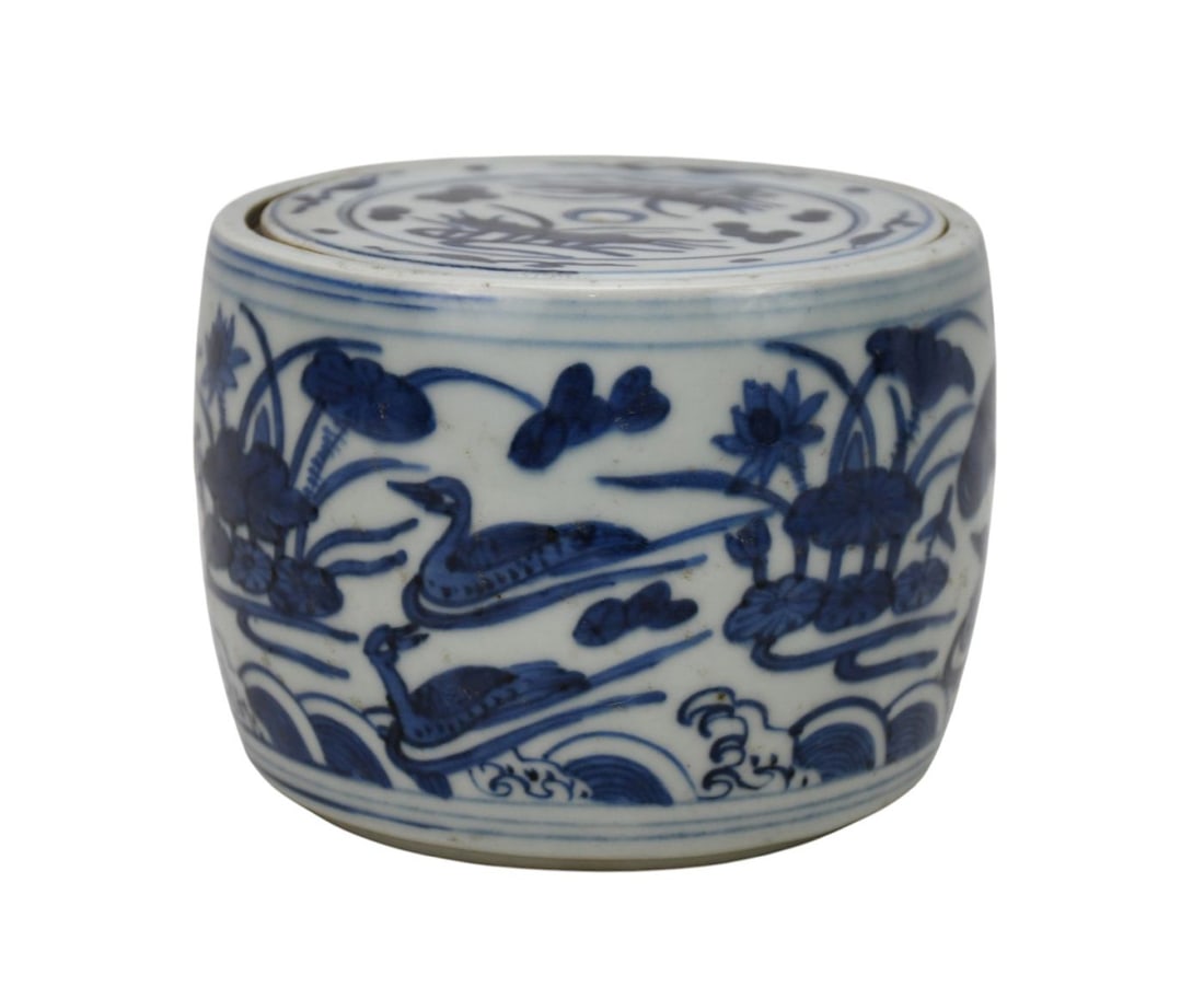 Chinese Blue & White Porcelain Lidded Cricket Jar, Featuring Lotus Pond Design with Swimming Ducks,: Chinese Blue & White Porcelain Lidded Cricket Jar, Featuring Lotus Pond Design with Swimming Ducks, 3 3/4"H x 5"w