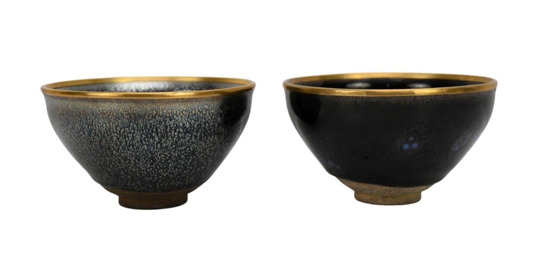 2 Chinese Jian Ware Oil Spot Tea Bowls, Dark Lustrous Glaze Covered in Iridescent Silvery Spots & (1 of 7)