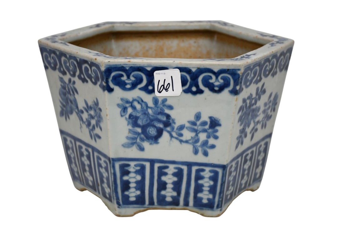 Chinese Blue & White Porcelain Hexagonal Planter, Featuring Traditional Floral & Ruyi Head Border (1 of 8)