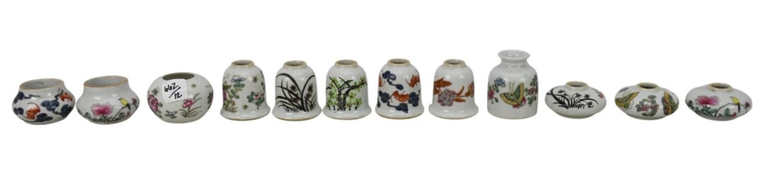 12 Chinese Porcelain Miniature Water Droppers & Vessels Painted with Different Florals, Tallest 2 (1 of 14)