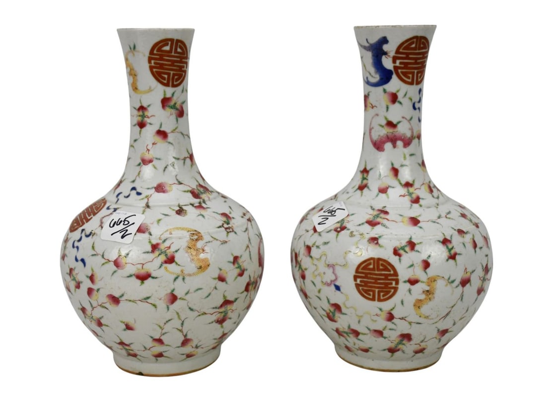 Pair Chinese Porcelain Famille Rose Bottleneck Vases, 10"h x 6 1/2"w: Pair Chinese Porcelain Famille Rose Bottleneck Vases, 10"h x 6 1/2"w