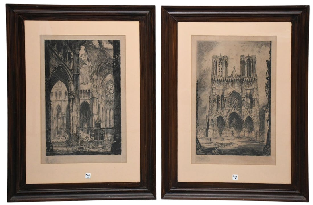 2pc. Louis Orr (Am. 1879–1966) Reims Cathedral etchings: 2pc. Louis Orr (Am. 1879–1966) Reims Cathedral etchings, facade created around 1917 during World War, impression size 23 x 15 inches. pencil signed lower right, framed overall 38 x 28 1/2 inches, so