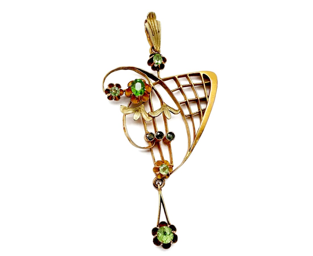 Faberge Era- Russian 14K Gold & Demantoid Garnet Pendant Brooch: Fabergé era Russian 14K Gold & Demantoid Garnet Pendant Brooch14K Gold, with Demantoid Garnets, Dimensions: 2.5 x 1.5 in. Weight: 6.0 g, Marks: KF maker's mark, Russian 56 gold standard. Additional I