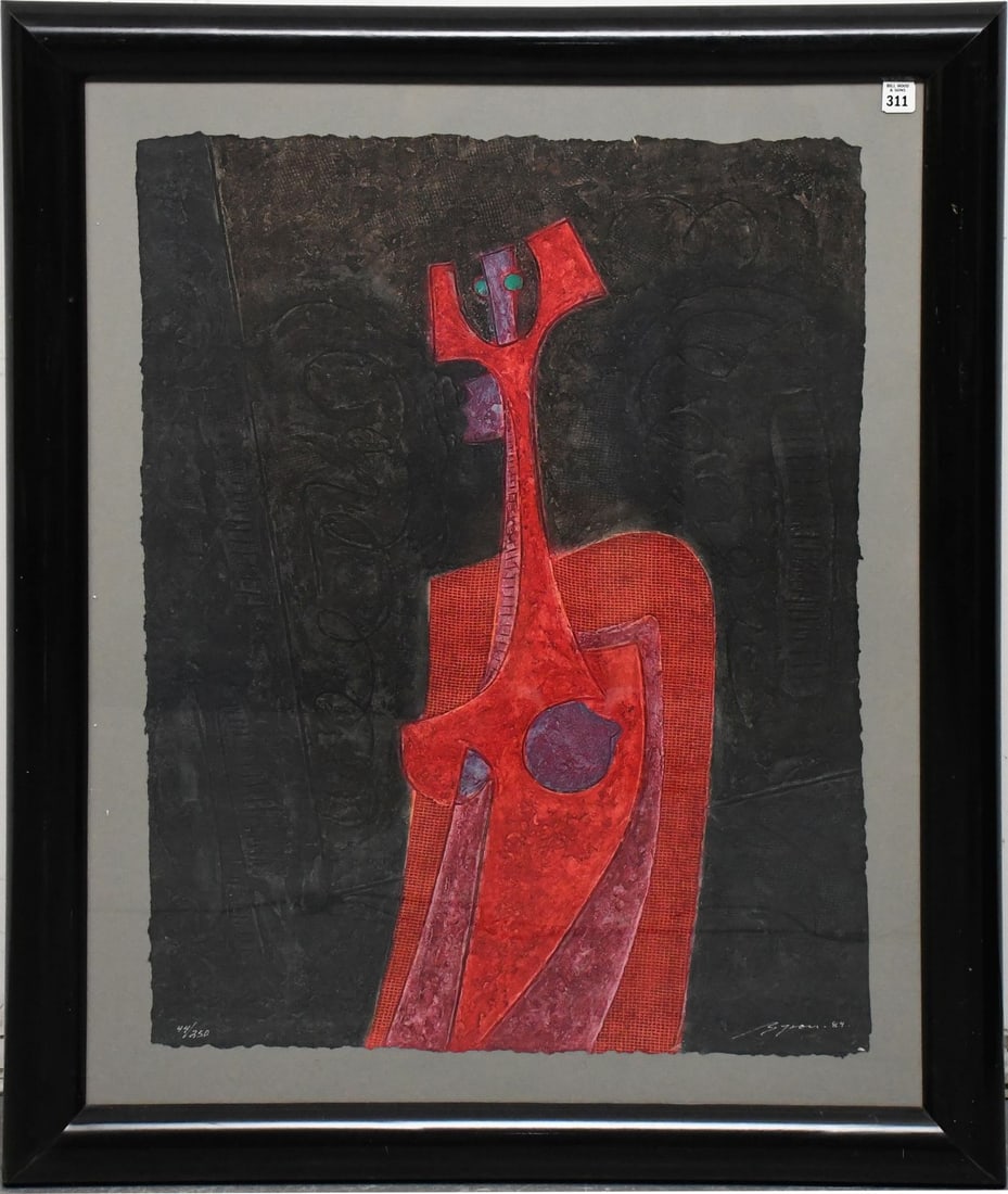 Byron Galvez ROSA -1989. featuring a striking abstract figure in red: Rosa- by Mexican artist Byron Gálvez, featuring a striking abstract figure in red and purple embossed lithograph edition 44/250. signed lower right & dated '89. sheet size approximately 31 1/2 x 24 i