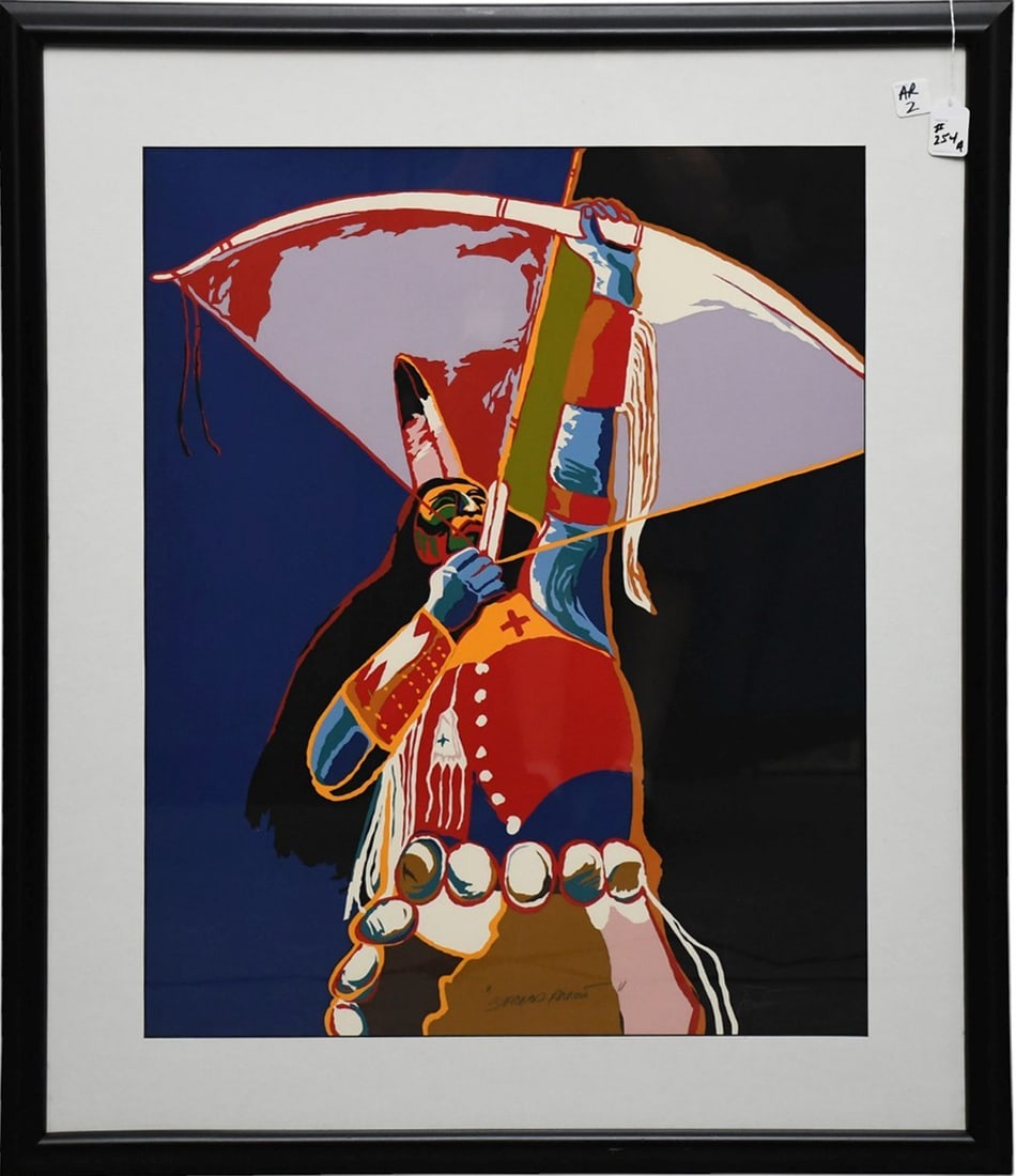 Malcolm Furlow (American 1946-2023) Indian Serigraph, Sacred Arrow: Malcolm Furlow (American 1946-2023) Indian Serigraph, Sacred Arrow, 20-3/4 x 26-1/2 sight. hand signed lower right- Furlow. Bland stamp lr, Overall framed size 35 x 29 inches.
