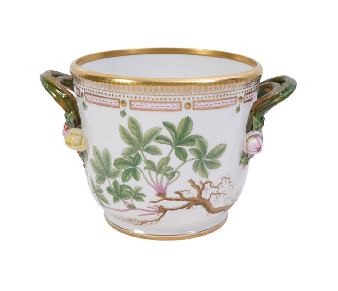 ROYAL COPENHAGEN FLORA DANICA Porcelain Wine Cooler with Vine Loop Handles and Inscribed Potentilla