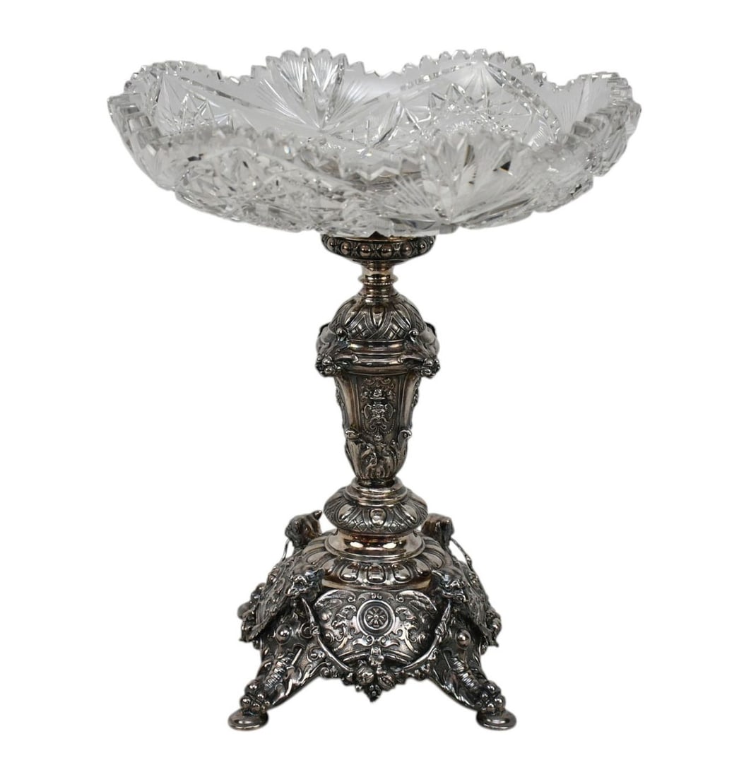 Antique Continental Silver Centerpiece with cut glass at top. 12in. Tall. Glass bowl is 10 in. (1 of 4)