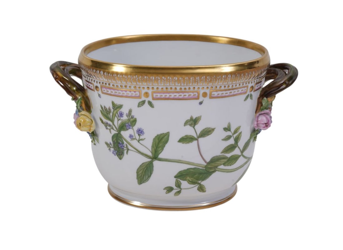 ROYAL COPENHAGEN FLORA DANICA Porcelain Cache Pot with Vine Loop Handles and  Inscribed Veronica