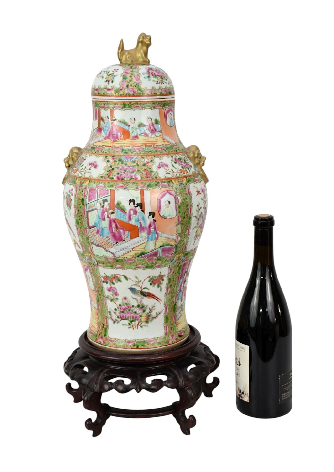 Antique Rose Medallion Covered Jar, gilded foo dog handles an lid top. 18 in. Tall x 9 in. diameter.
