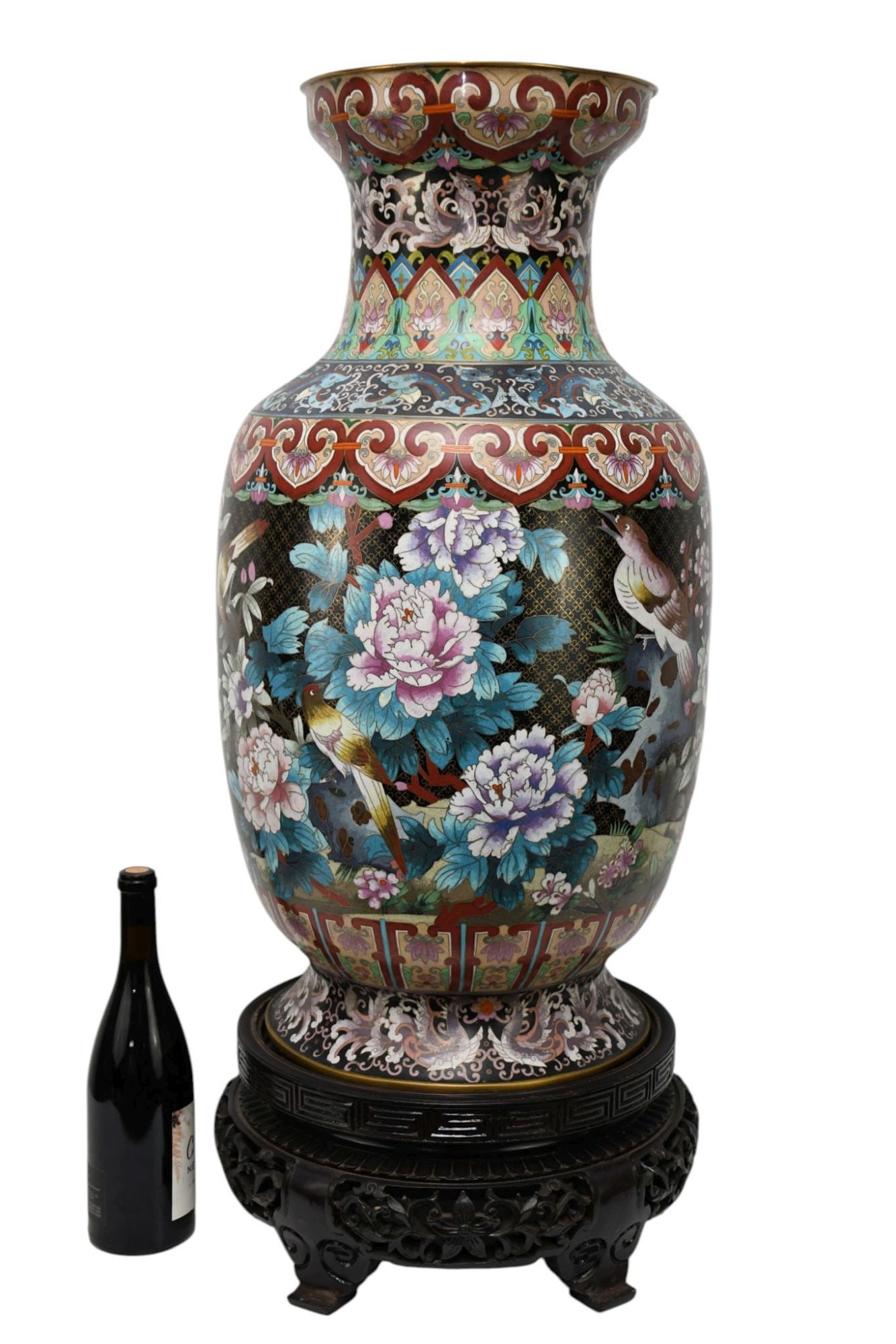 Oversized Cloisonne Vase, Multi-Color Birds & Flowers on Black Ground, Intricate Stand, 30"h x 17"w (1 of 17)