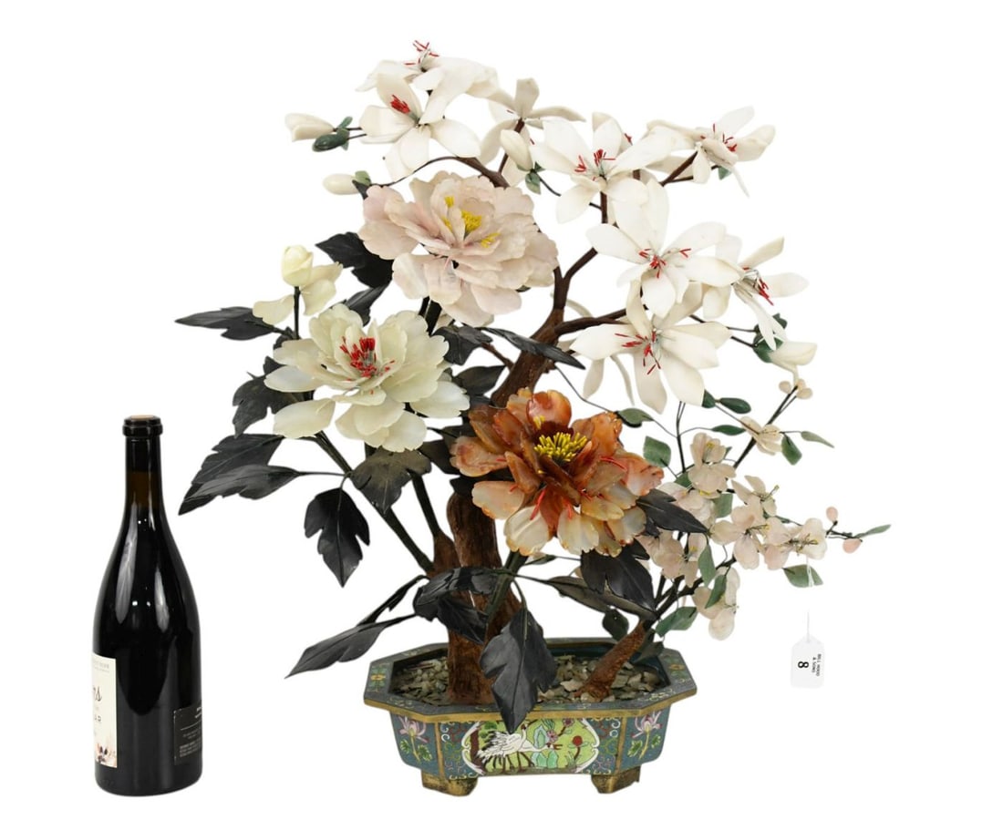 Large Jade Tree With Hardstone Flowers & Leaves in Cloisonne Planter, 24"h x 24"w x 12"d (1 of 8)