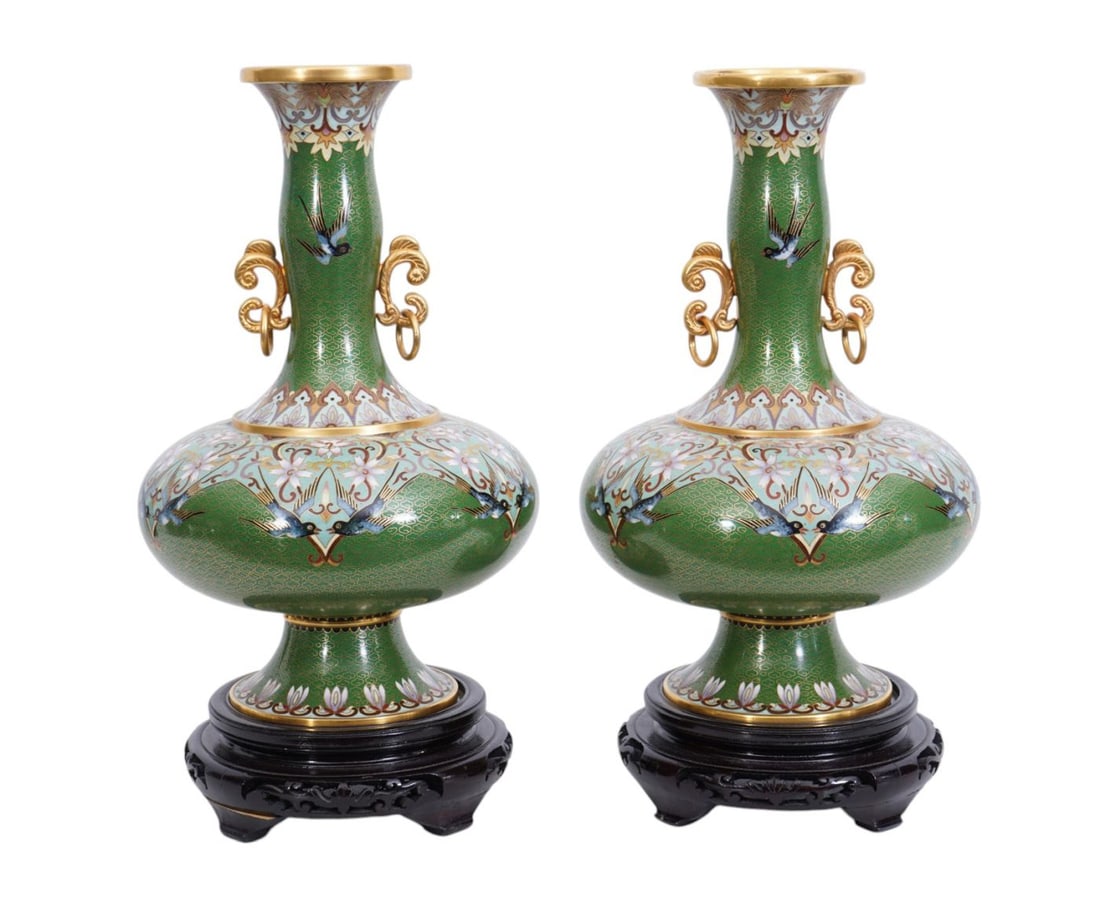 Pr. Double handled bulbous Cloisonne Vases, on wood stands vases 12-1/2 inches tall each. On 2 in. (1 of 7)