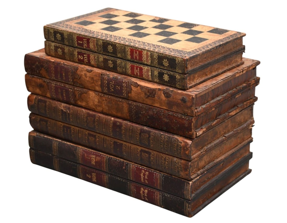 4 Very Worn Hinged Checkers & Back Gammon Boards In Antique Book Motif, 3"h x 15"w x 8 1/2"d: 4 Very Worn Hinged Checkers & Back Gammon Boards In Antique Book Motif, 3"h x 15"w x 8 1/2"d (Incomplete Sets)