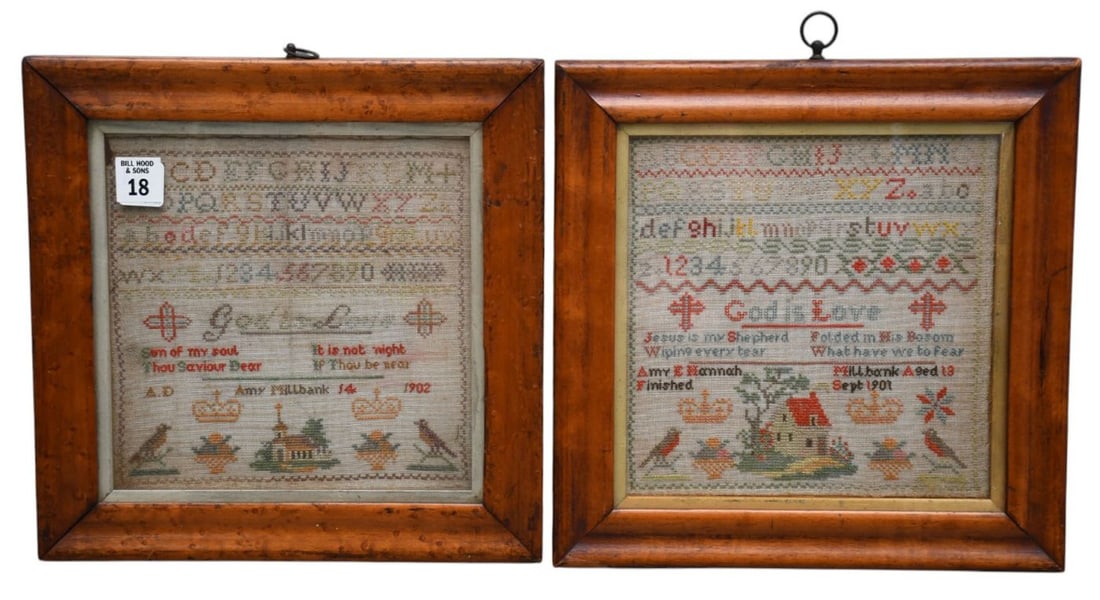 Pair of Samplers in Maple Frames, 1901 & 1902, Amy Phillbank Age 13/14, Depicting Houses & Birds, (1 of 6)