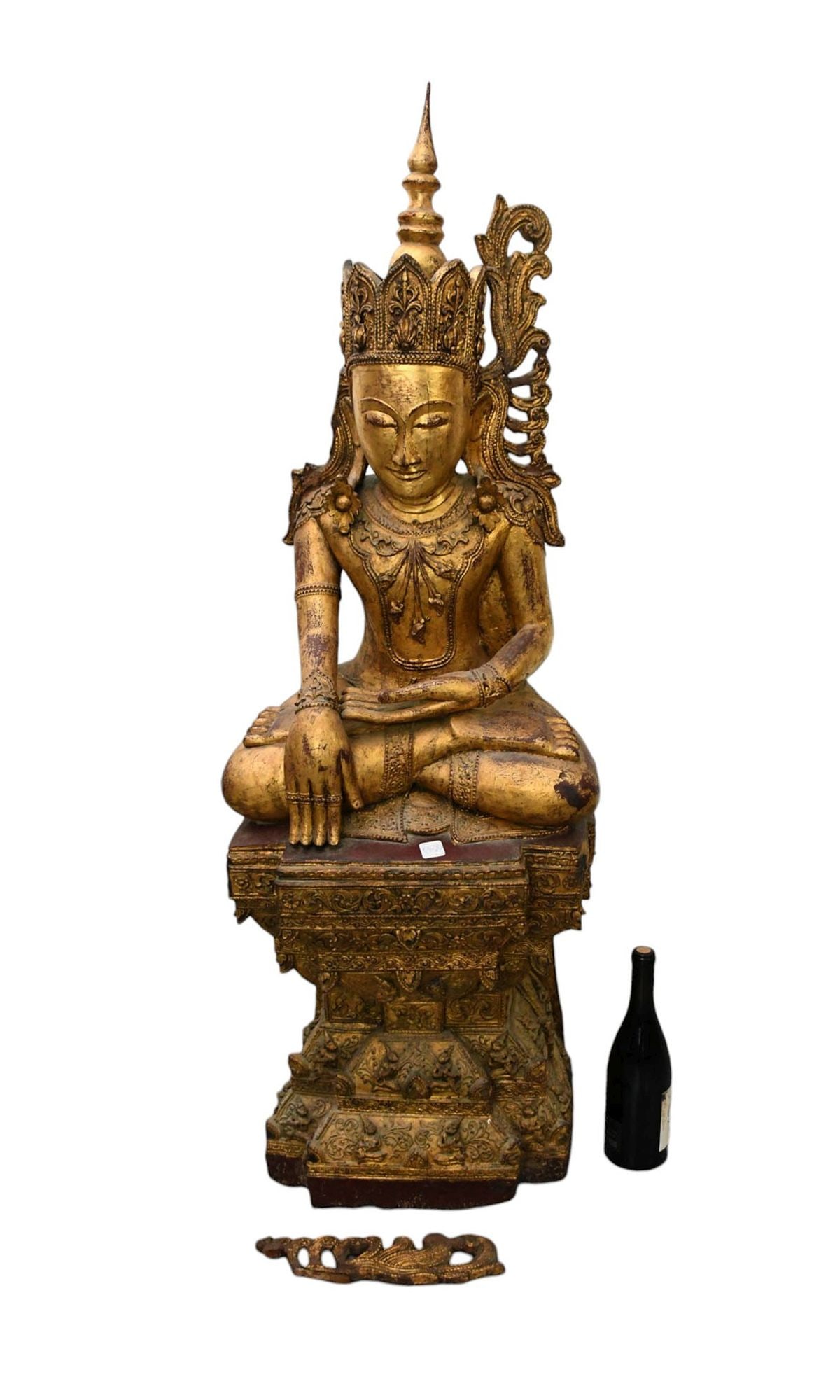 Large Gilt Carved Wood 19th c. Buddha Elaborate Head Dress, 1 Section Needs Repair, Sitting on and (1 of 12)