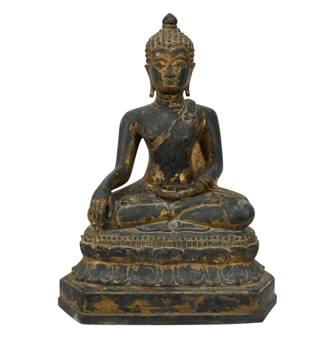 Chinese Seated 19th c. Buddha on Lotus Base, 21"h x 15"w (worn gilt highlights) (1 of 13)
