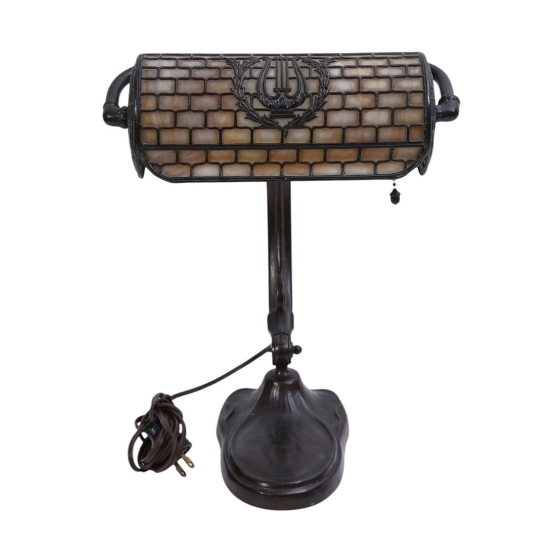 Handel Bronze Desk Lamp c. 1920, Handel Lamps Label on bottom of base, 7"h x 14"w 8 1/2"d (1 of 8)