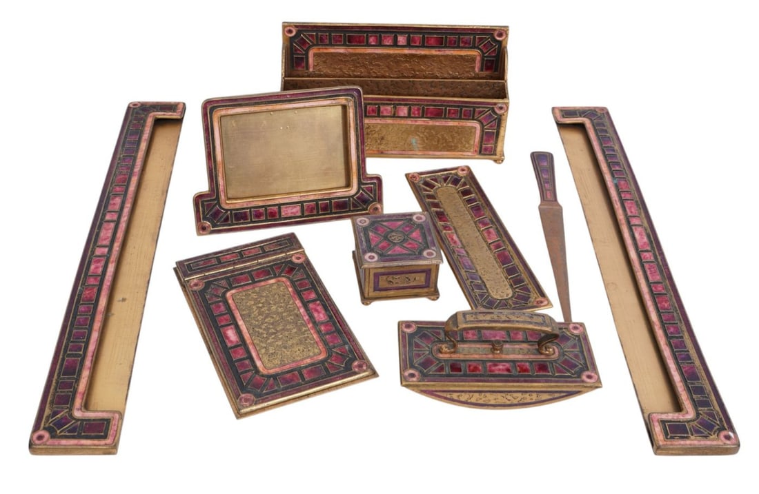 9 Pcs. Louis C. Tiffany Furnaces Inc. Desk Set, Bronze & Enameled, Art Deco Pattern, Letter Holder (1 of 16)