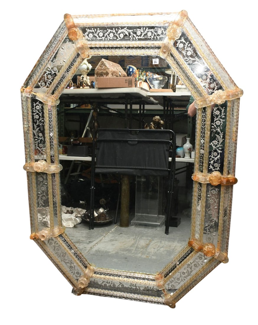 Huge Antique Venetian Mirror, Extremely Ornate, 63"h x 45"w (has some glue repairs & needs some: Huge Antique Venetian Mirror, Extremely Ornate, 63"h x 45"w (has some glue repairs & needs some repair, Reverse Wood Indicates Bug Damage-was just fumigated)
