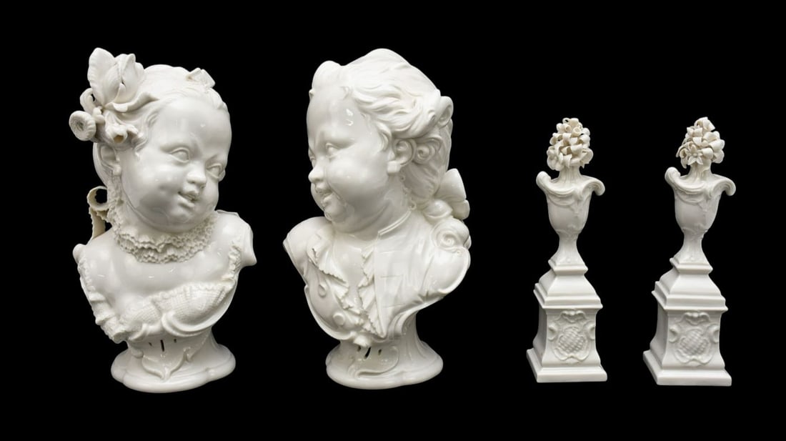 2 Antique Blanc de Chine Nymphenburg Cherub Busts AND Pair Floral Urns on Pedestals, Tallest 9"h x: 2 Antique Blanc de Chine Nymphenburg Cherub Busts AND Pair Floral Urns on Pedestals, Tallest 9"h x 6"w