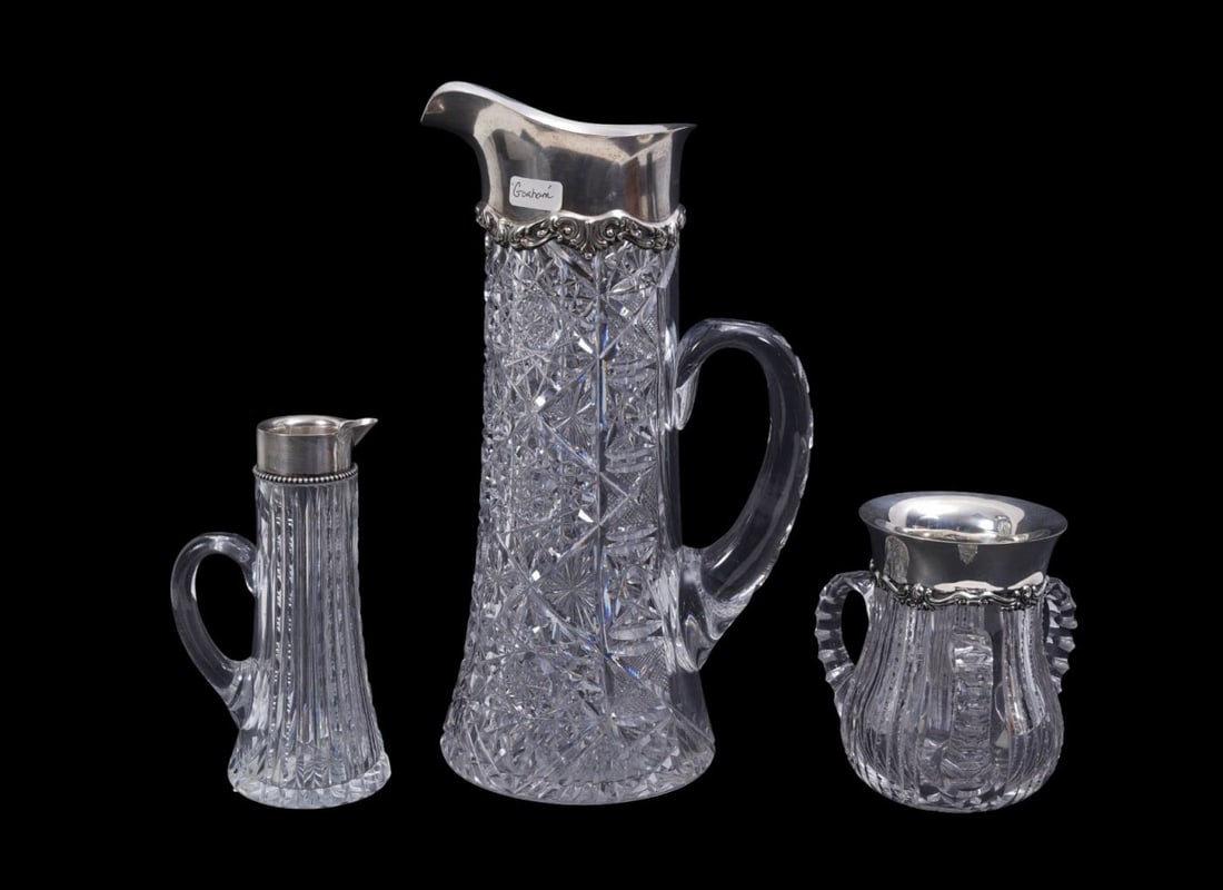 3 pcs. Antique Cut Glass 2 Pitchers and 1 Loving Cup with Sterling Silver Rims, Tallest 12"h x 4"w (1 of 16)
