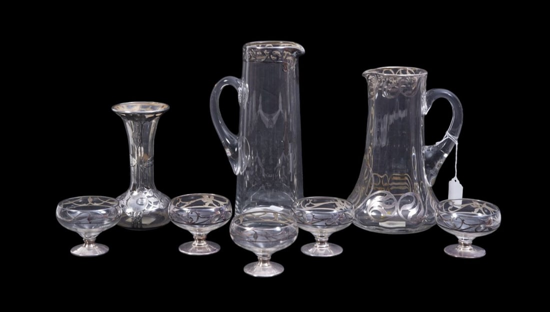8 Pcs. Vintage Glass Tablewares with Silver Overlay, 2 Pitchers, Vase & 5 Sherbets (1 of 11)