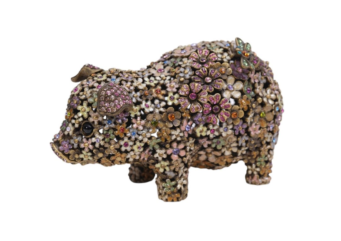 Jay Strongwater Retired Susanna Boxwood Floral Pig Figurine, Intricately Crafted From Cast Pewter: Jay Strongwater Retired Susanna Boxwood Floral Pig Figurine, Intricately Crafted From Cast Pewter with Antique Brass Finish & Hand Set with Colorful Swarovski Crystals and Enamel Flowers, 2 1/4"h x 5"