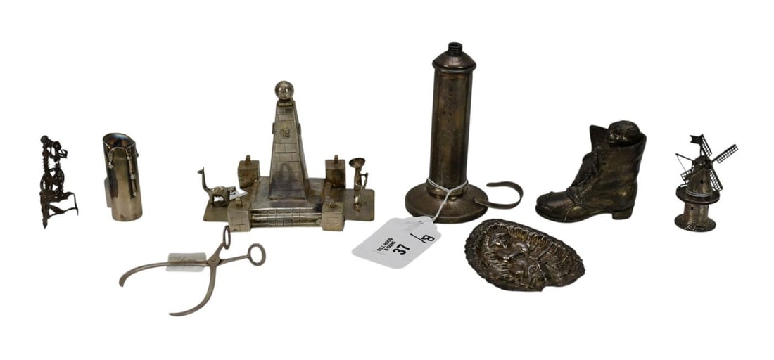 Lot of Mini Silver Novelty Items, including, Heart with Cupid Pin Tray, Miniature Yarn Winder, Dog (1 of 9)