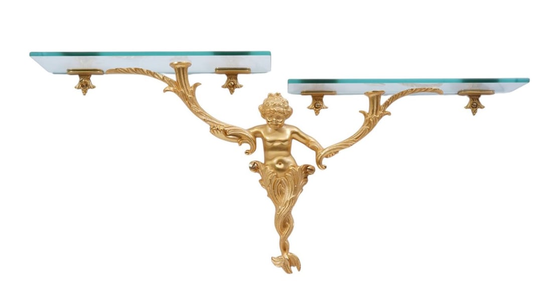 Sherle Wagner Gilt Bronze Cherub Double Glass Shelf, Water Nymph-Bathroom Hardware Fixture, cherub (1 of 6)