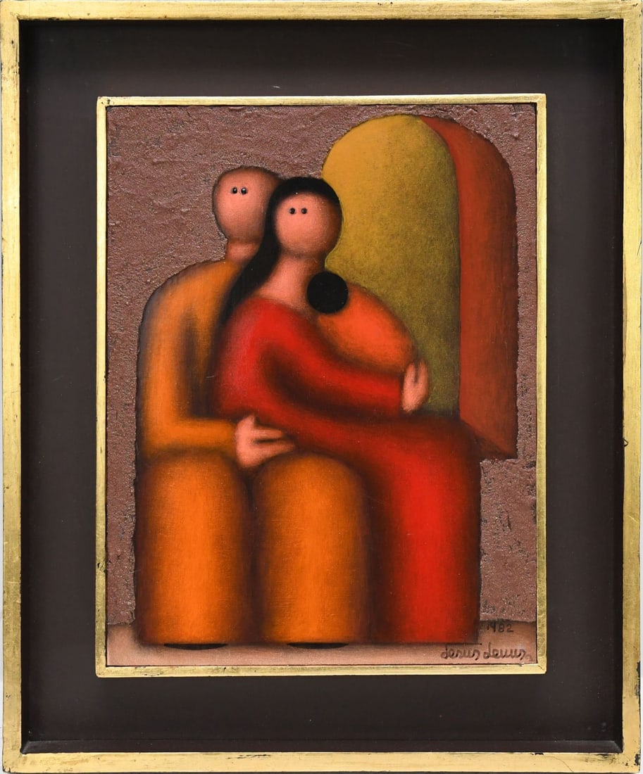 Jesus Mariano Leuus (Mexican, b. 1948) Acrylic on Masonite board, Familia Uno. Signed and dated 1982: Jesus Mariano Leuus (Mexican, b. 1948) Acrylic on Masonite board, Familia Uno. Signed and dated 1982 lower right. Painting size 12 x 9 inches-30 x 23cm. Framed in brown double frame with gold trim, ov