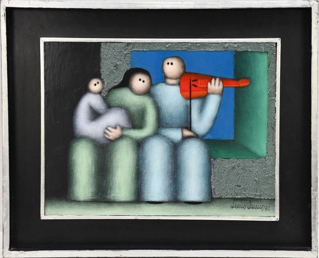 Jesus Mariano Leuus (Mexican, b. 1948) Acrylic on Masonite board, Familia en la Ventana. Signed and: Jesus Mariano Leuus (Mexican, b. 1948) Acrylic on Masonite board, Familia en la Ventana. Signed and dated 1982 lower right. Painting size 9 x 12 inches-20 x 30cm. Framed in black with silver trim over