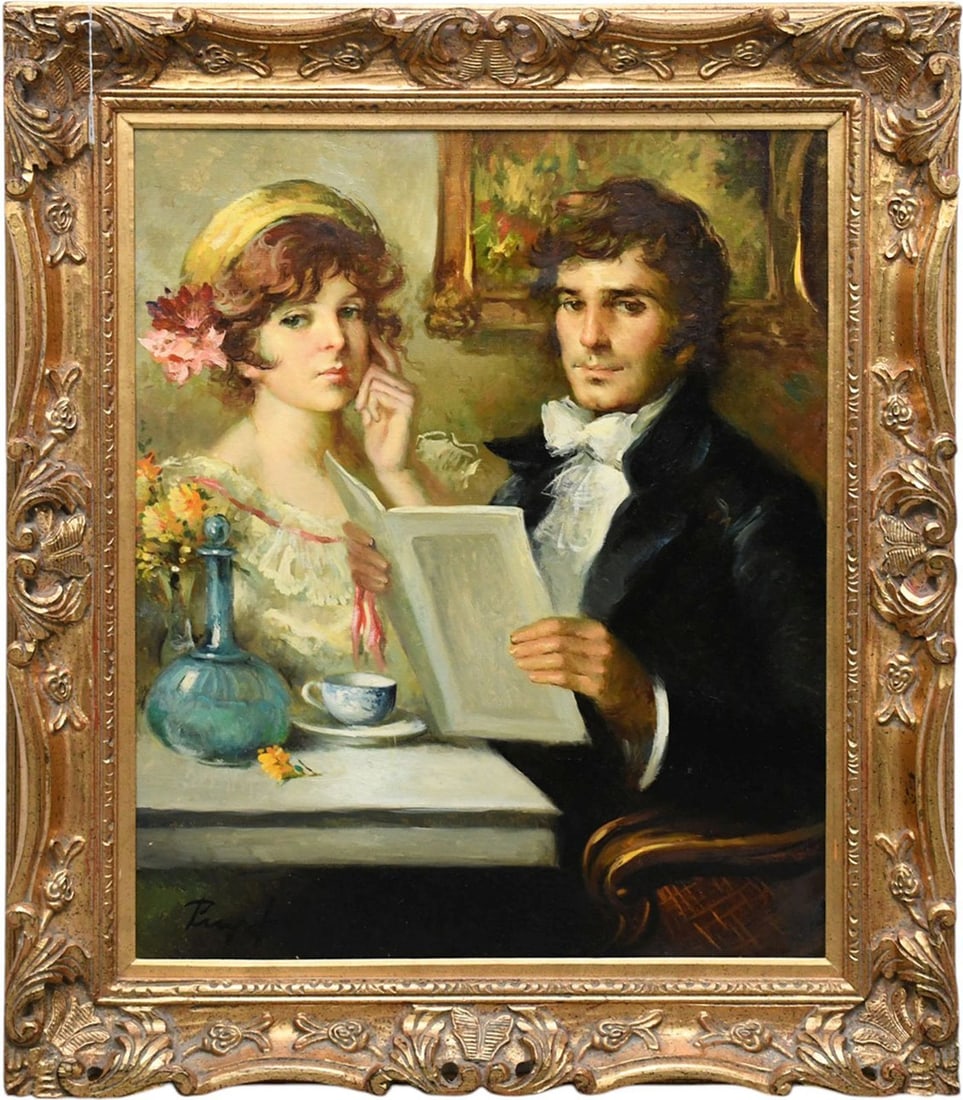 José Puyet (Spanish 1922–2004) oil on canvas, romantic genre scene, seated man and woman (1 of 6)