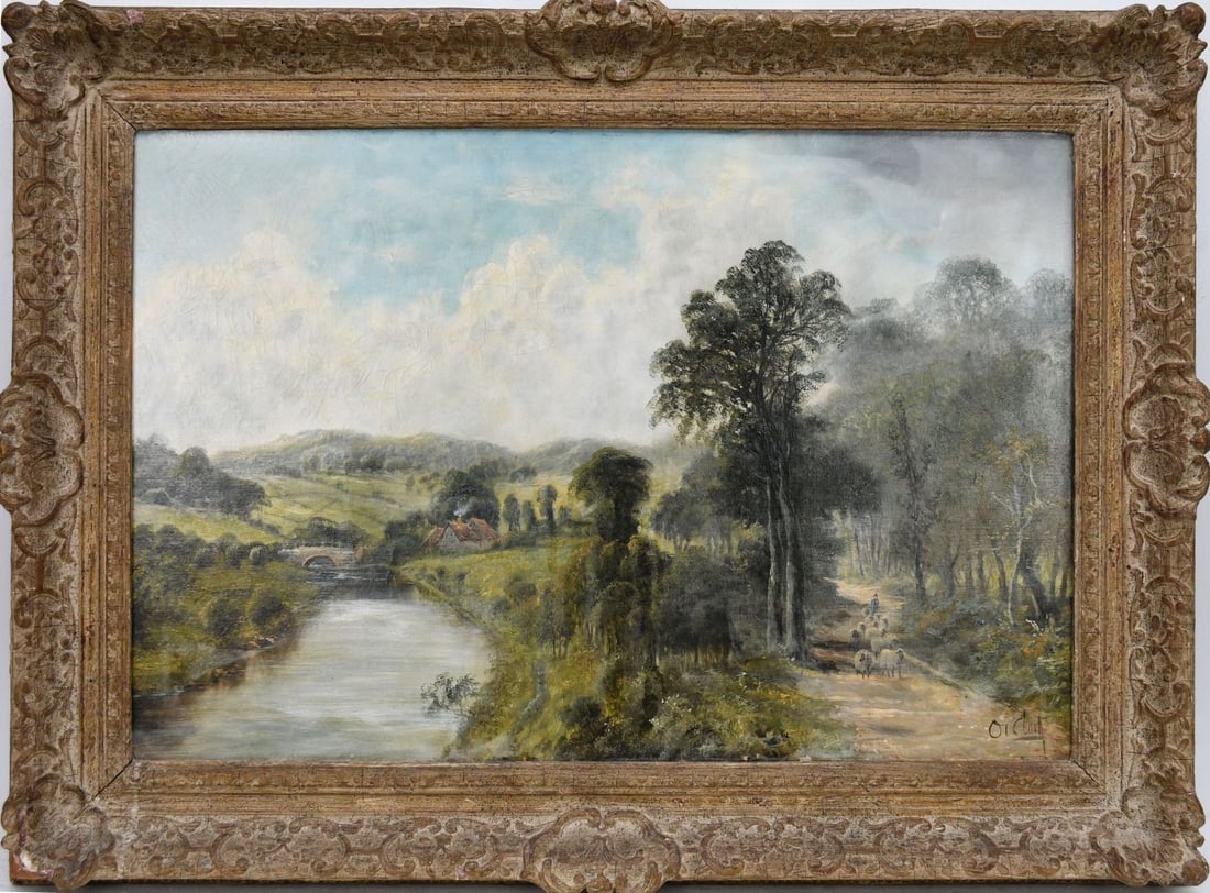 Octavius Thomas Clark (British, 1851-1918) antique oil and canvas, Shepard and sheep on path by (1 of 6)