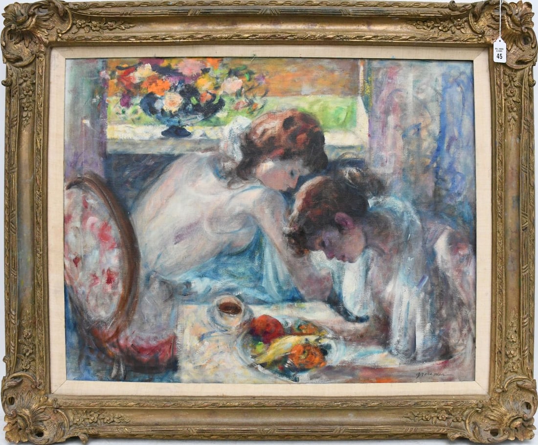 Cydney Grossman (American, 1909 - 2000) 2 ladies at a table, oil on canvas, 24 x 30 inches. overall (1 of 5)