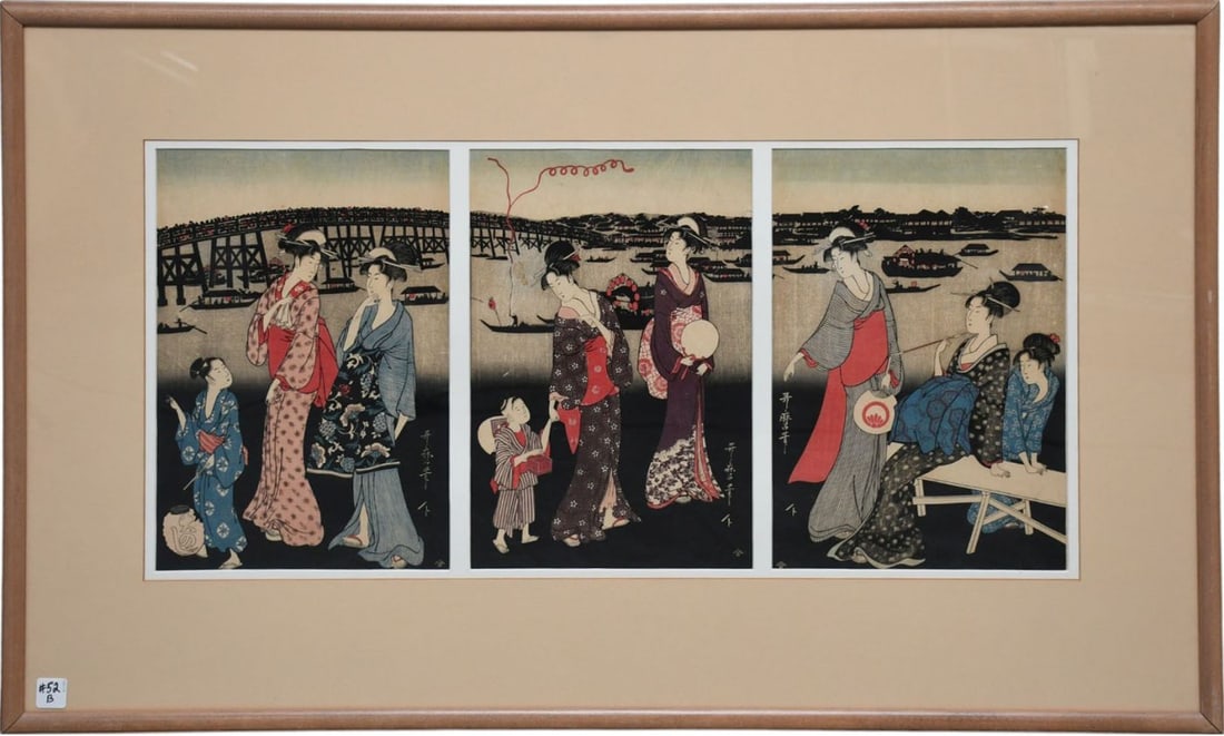 Triptych Woodblock Print- titled Enjoying the Evening Cool on the Banks of the Sumida River (or: Triptych Woodblock Print- titled Enjoying the Evening Cool on the Banks of the Sumida River (or Women Watching Fireworks at Ryogoku) by the renowned Edo-period ukiyo-e artist Kitagawa Utamaro. Overall