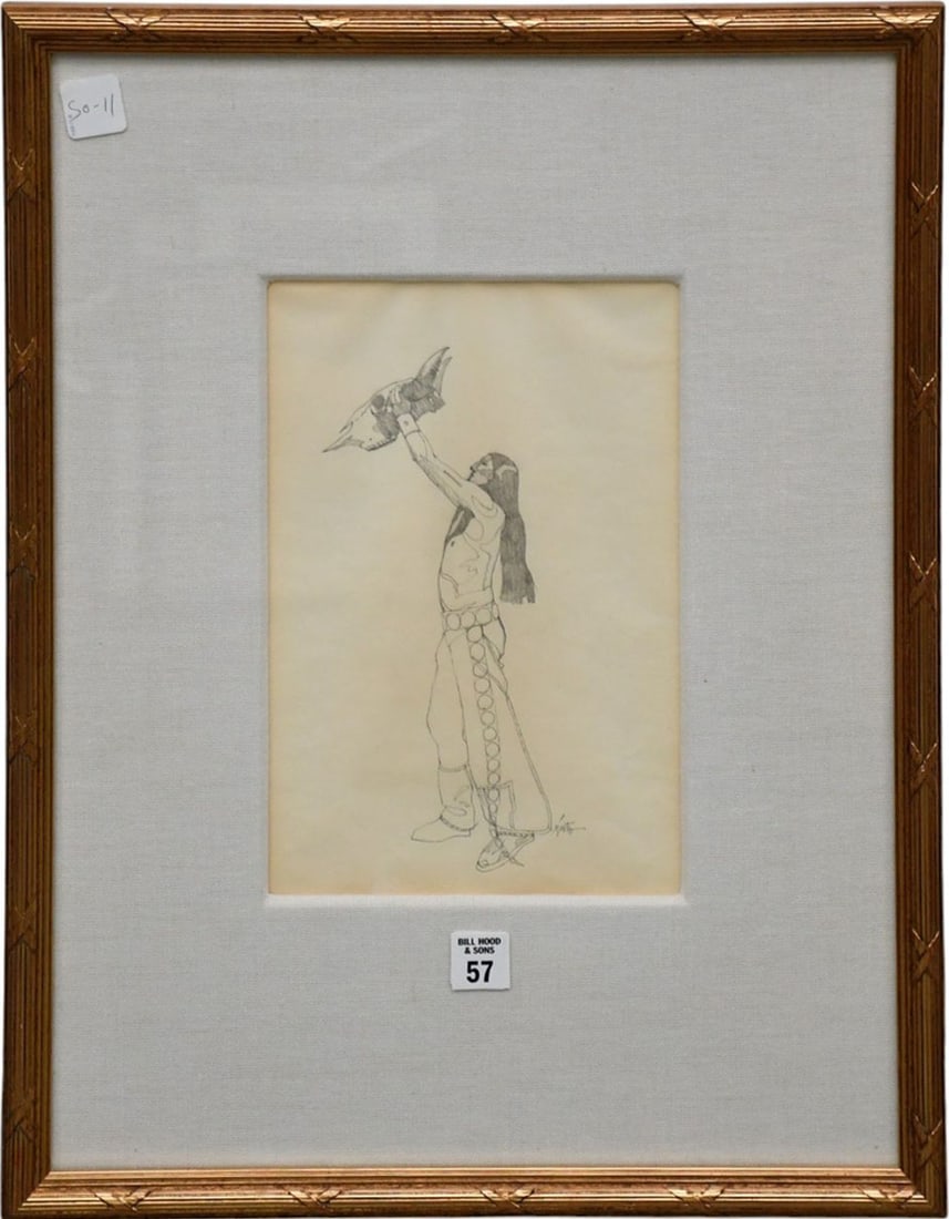 John Nieto pencil Indian drawing, signed, Approx. 11 x 7 sight size. Overall framed 21 x 16 inches. (1 of 4)