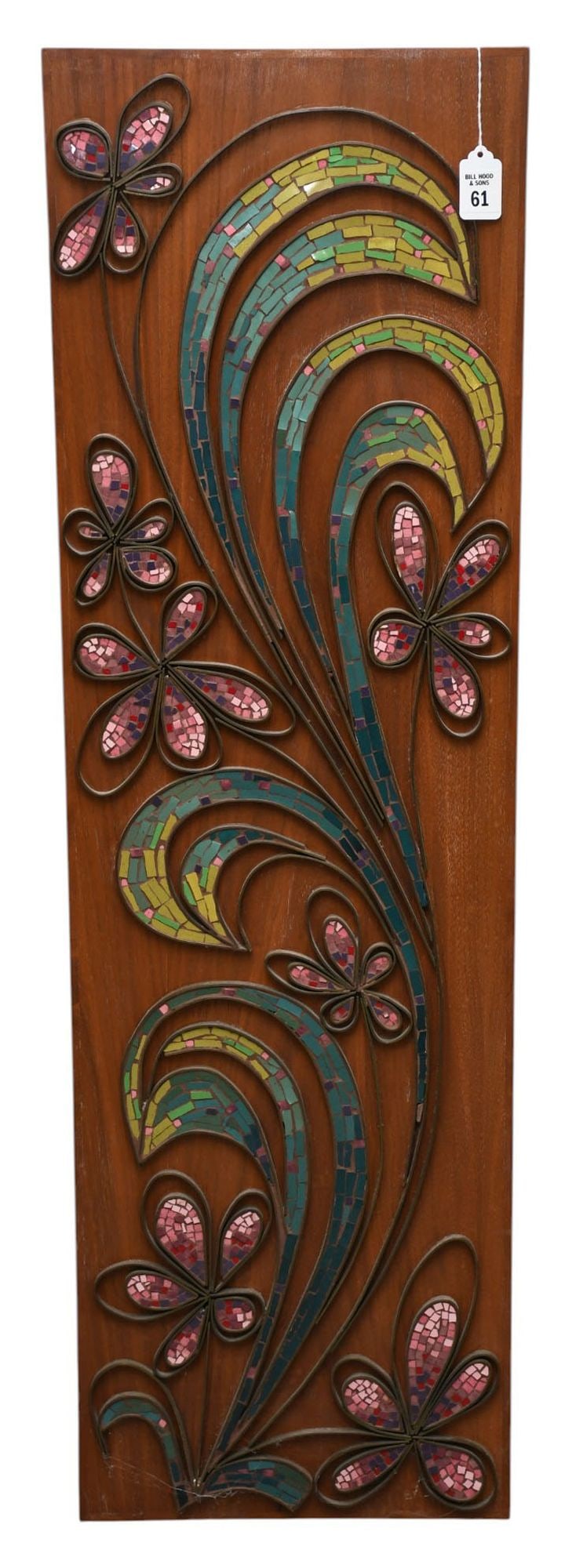 Donna Reid (American) mid-century modern circa 1960, copper tile mosaic floral on teak plaque 40 x (1 of 6)
