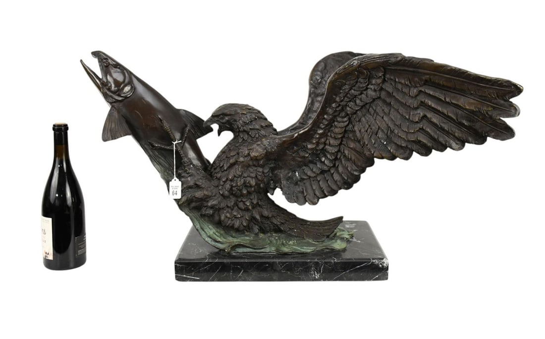 Large Bronze Eagle Sculpture, Eagle Catching Trout in His Talons, signed by S. Kelian, 19"h x 35"w x (1 of 8)
