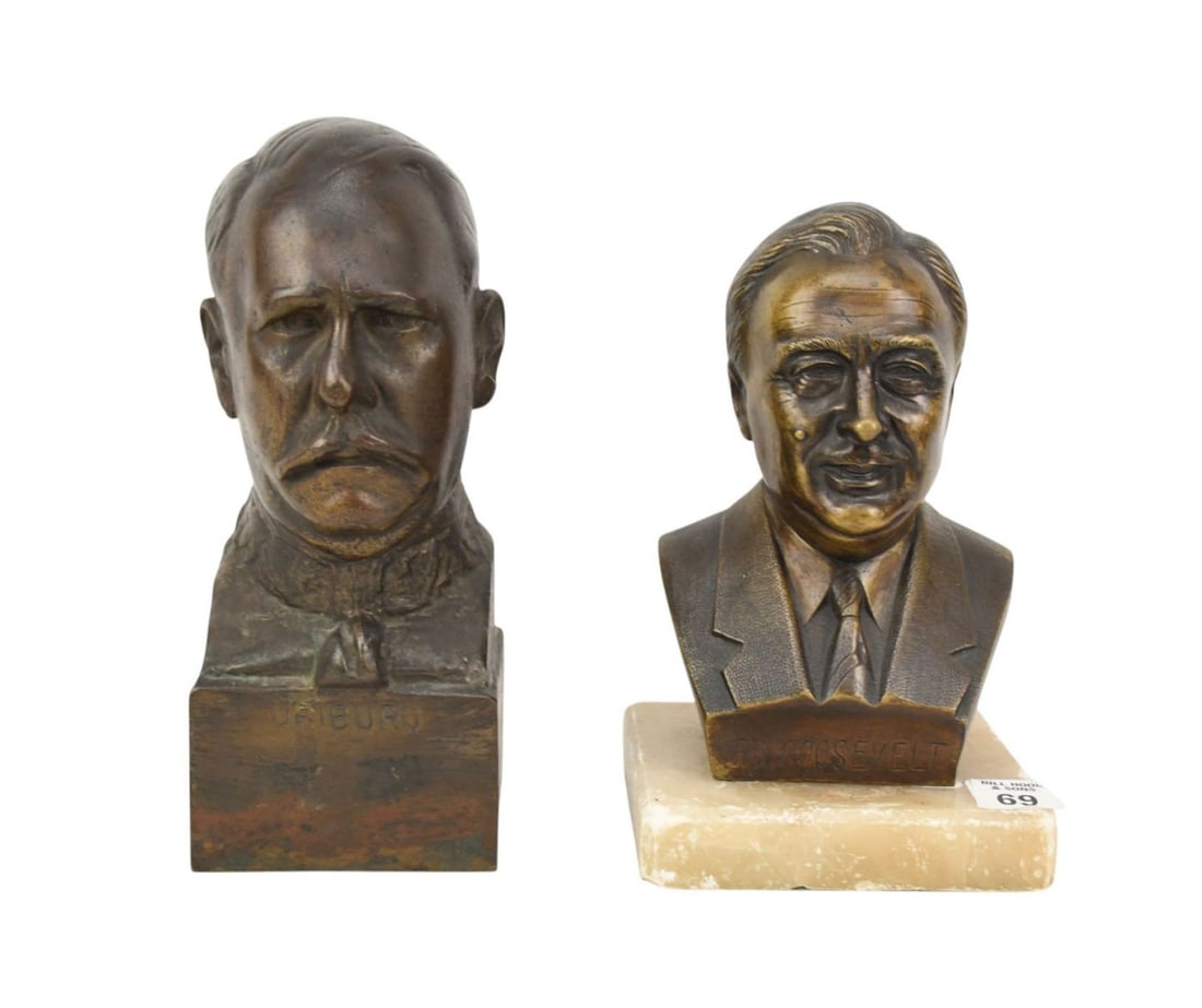 2 Bronze Busts, 32nd President of the United States Franklin D. Roosevelt, mounted on a stone plinth: 2 Bronze Busts, 32nd President of the United States Franklin D. Roosevelt, mounted on a stone plinth base AND bronze bust marked URIBURU 55, Tallest 8 1/2"H x 5"square