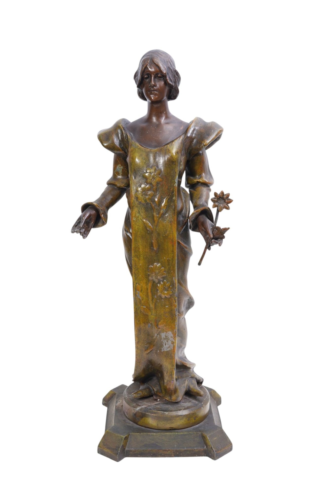 Antique Art Nouveau-style patinated metal and cold-painted spelter sculpture of a standing woman in (1 of 11)