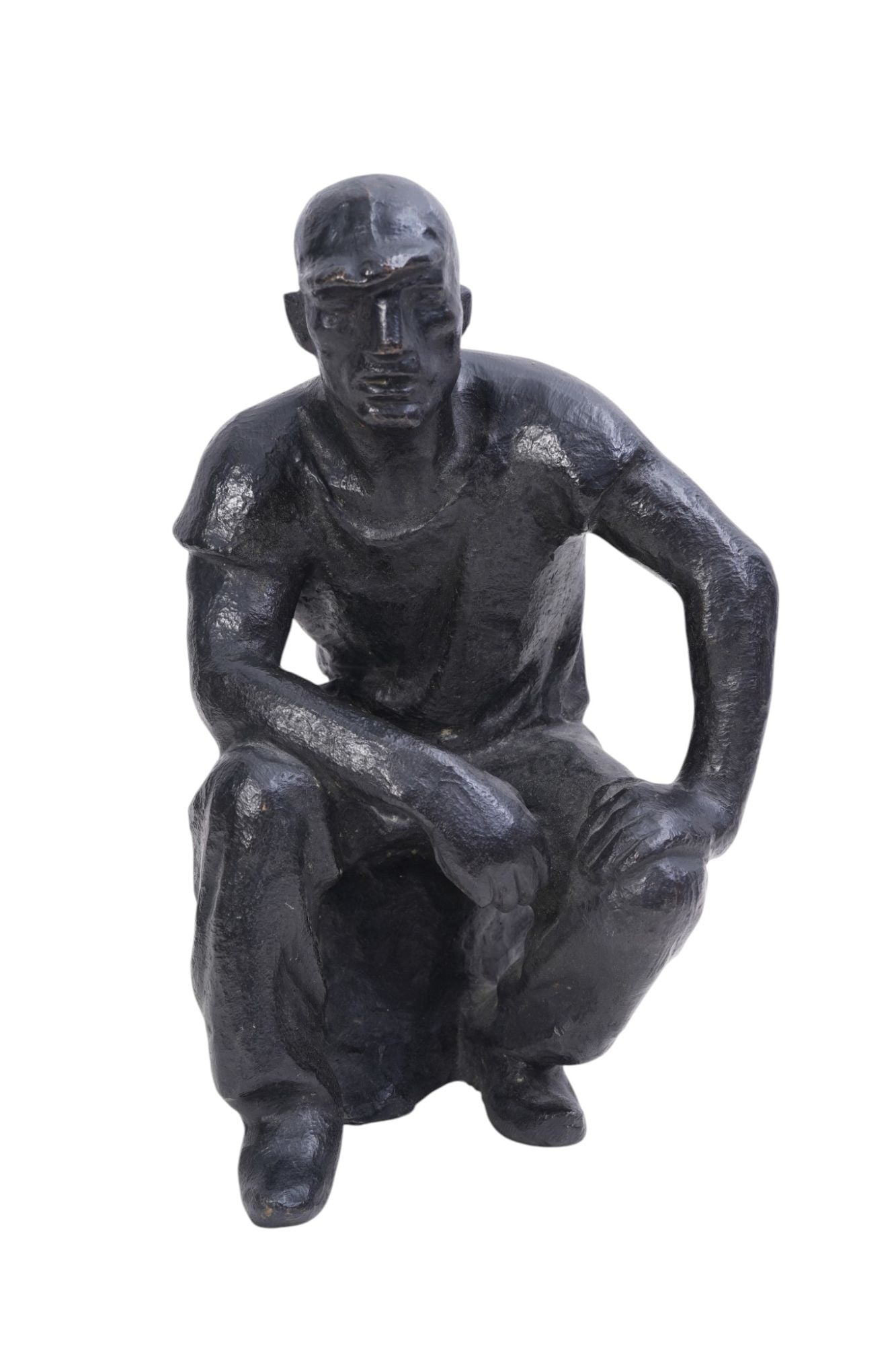 Bronze Sculpture, "Sitzender Bergmann" (Seated Miner), German expressionist bronze sculpture with a (1 of 6)