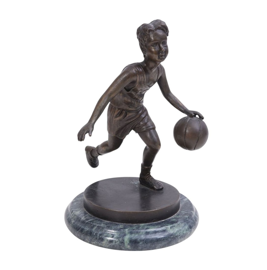 Bronze Sculpture, After Jim Davidson (American, B. 1962) Youth with Basketball, 7 1/2 tall x 6: Bronze Sculpture, After Jim Davidson (American, B. 1962) Youth with Basketball, 7 1/2 tall x 6 inches wide no apparent signature, on small round marble base.