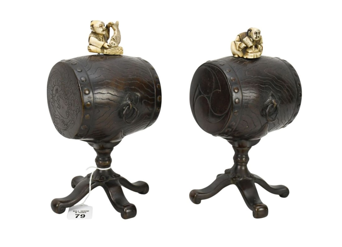 Pair of Bronze Barrels with small Japanese Netsuke carvings on top, 1-1/2 x 1-1/2 inches. The (1 of 6)